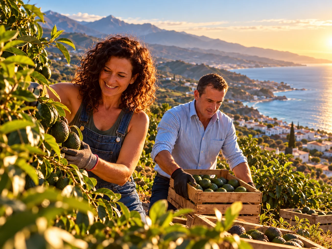 Personas trabajando con el producto agrícola de la Axarquía